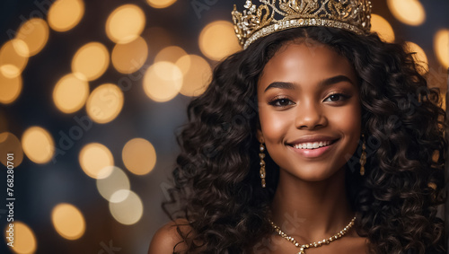 Beautiful African American girl wearing a golden crown celebration