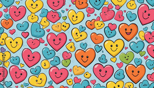 Colorful rainbow love heart seamless pattern illustration with funny smiling face. Diverse hearts background print. Valentine's day holiday backdrop texture, diversity group design. 