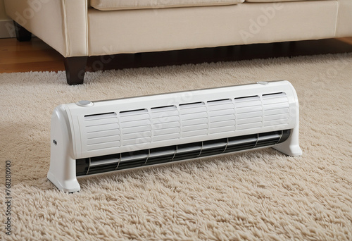 Closeup image of a contemporary electric heater placed on a carpeted living room floor.