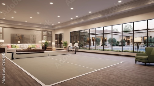 Upscale indoor tennis court with professional surfaces, viewing area, and locker rooms