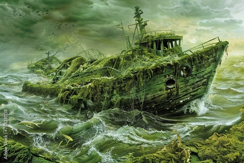 A painting depicting an eerie shipwreck in the middle of the ocean  covered in algae. The ship appears to be abandoned and desolate  with no signs of life on board