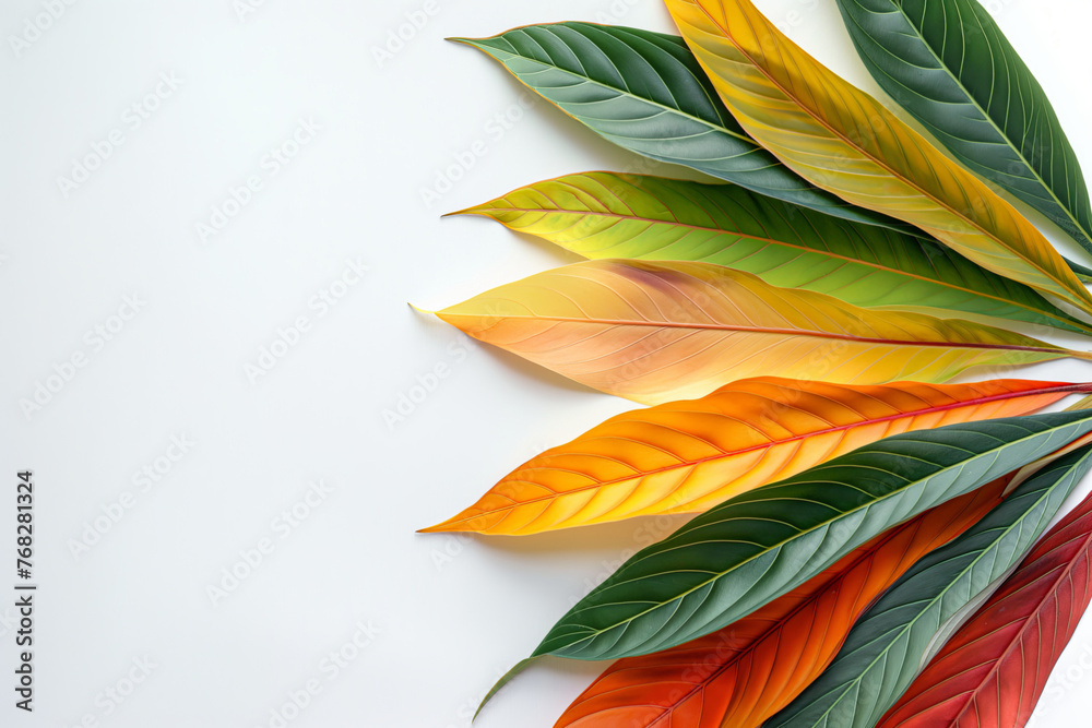 Colorful gradient leaves arranged in a smooth transition from green to red on a white background, elegant and natural.