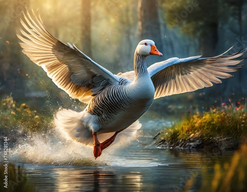 Goose taking off from the lake