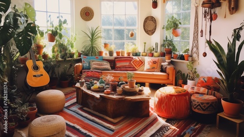 Wanderlust-inspired boho living room layered with kilim rugs