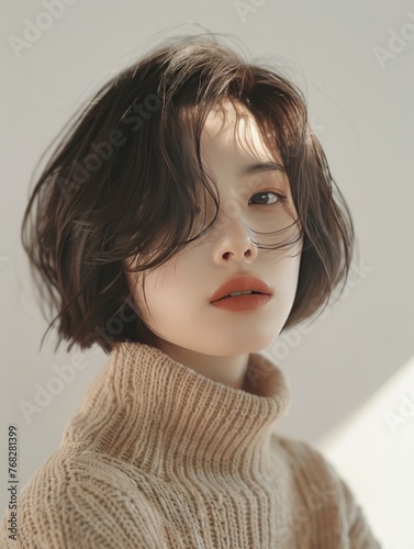 Beautiful Portrait of a young Asian woman with short bob hairstyle.