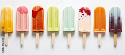 A row of vibrant ice cream bars in various flavors are neatly arranged on a white surface