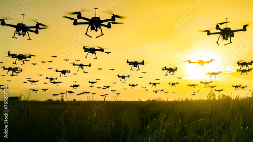 Large group of planes flying in the sky over field of tall grass.