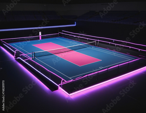 3d render, neon tennis court scheme with net, virtual sport playground perspective angle view, sportive game, pink blue glowing line over black background.