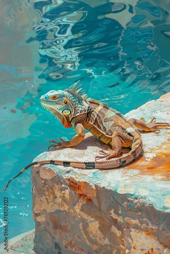 A lizard is perched on a rock by a pool, basking in the sun. The reptiles scales glisten as it relaxes in its natural habitat, blending in with the rocky surroundings and clear water