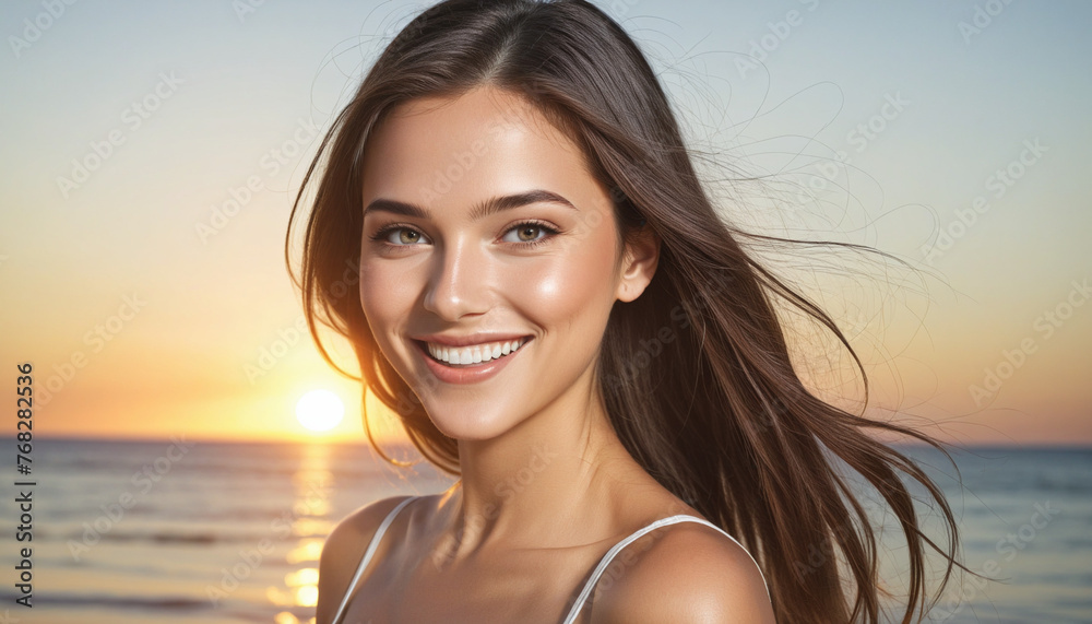 A beautiful young woman smiling, looking at the sunset A beautiful young woman smiling, looking at the sunset