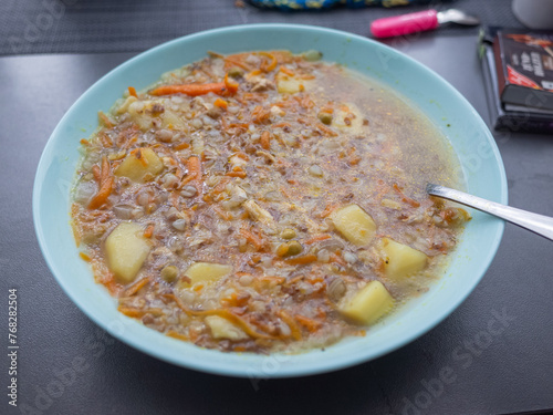 Quadro em tela hot vegetable soup in the bowl on the table