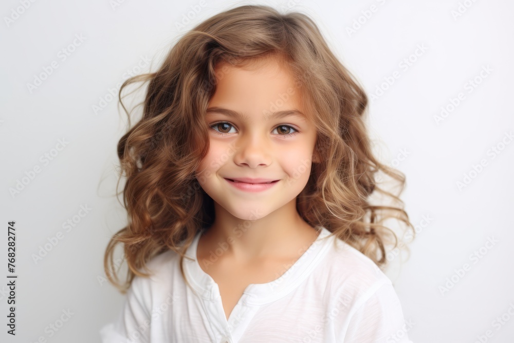 Portrait of a cute little girl with long curly hair on a gray background Portrait of a cute little girl with long curly hair on a gray background