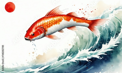 Symbol associated with the country Japan - watercolor illustration. Determined koi carp battling its way upstream, symbolizing Japan's resilience and perseverance.