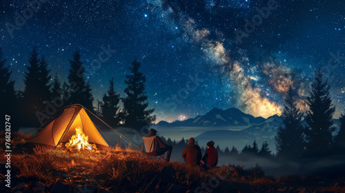 A tent is set up in a field with a beautiful view of the mountains and a starry sky.
