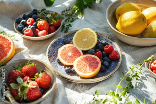 fruits and berries on a table for breakfast