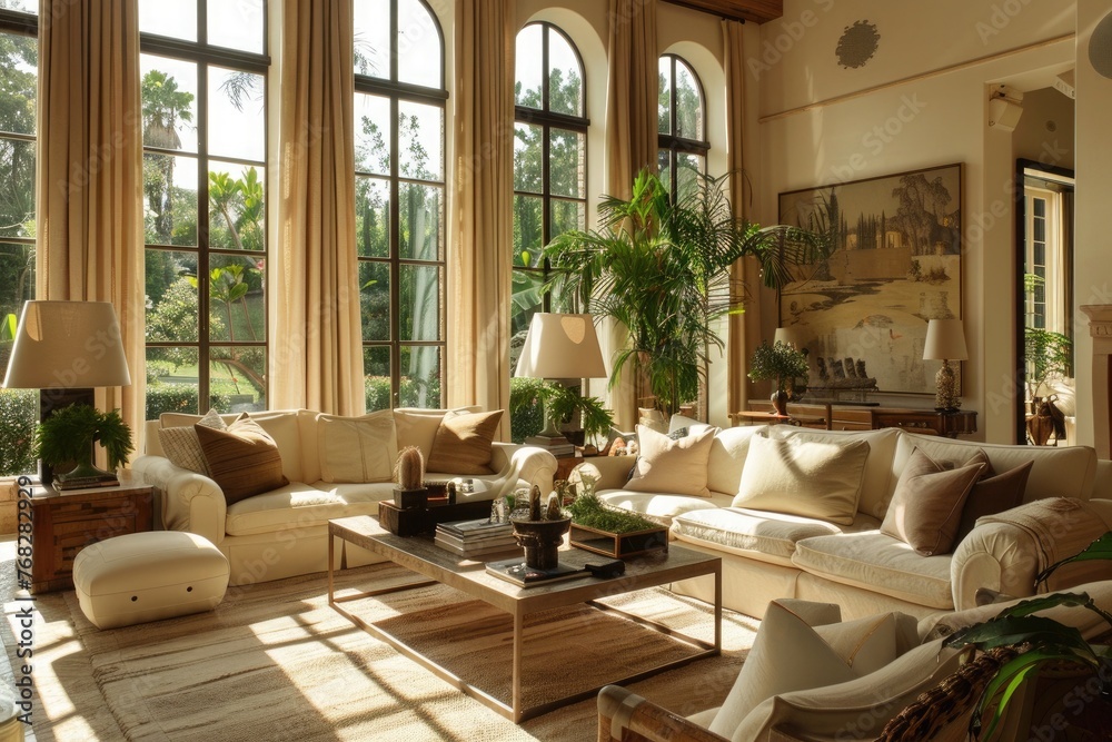 cozy living room with light sofas, big windows, high ceilings