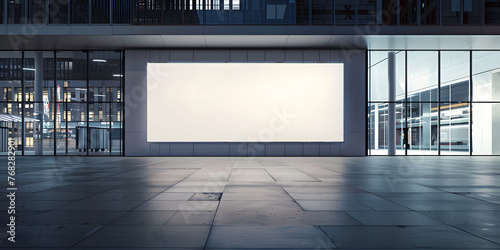 A large blank billboard in the center of an empty city square at night  illuminated by soft white light. Minimalist and modern atmosphere blank white advertising billboard mockup.        