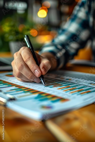 A person analyzing a printed spreadsheet of product comparisons with online platform logos in the background