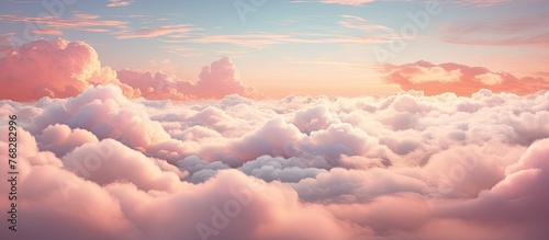The view of the cumulus clouds from above at sunset creates a breathtaking natural landscape, with red sky afterglow painting the sky and horizon in hues of dusk