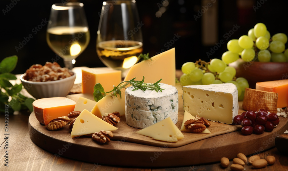 A cheese board with a wide variety of delicious cheeses like cheddar, feta, brie