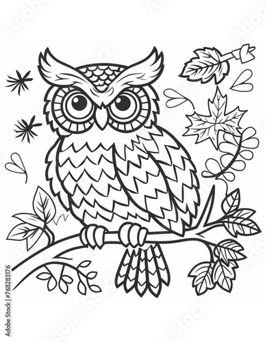 owl on a branch coloring page for children
