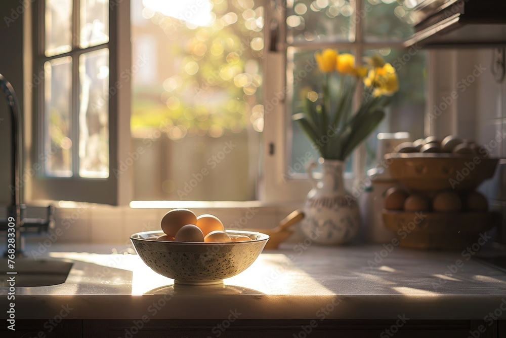 fresh eggs on a kitchen counter in morning light