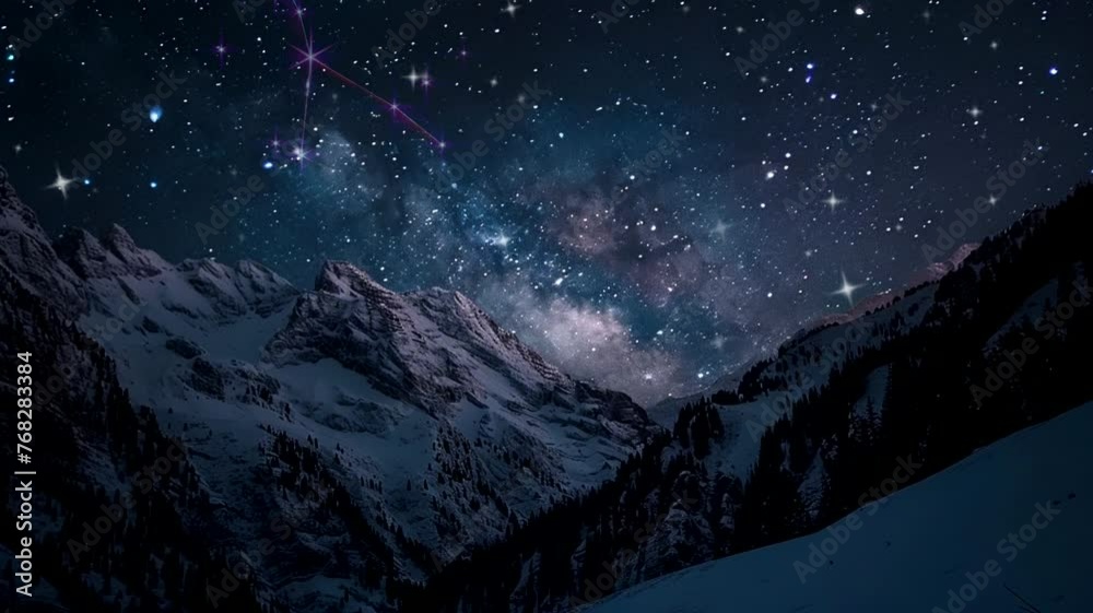 Dramatic mountain at night scene with stars, animated virtual repeating seamless 4k	