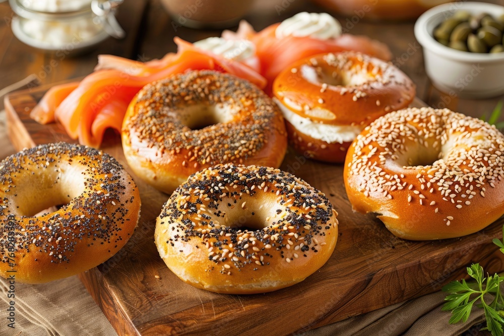 baked bagels on a wooden cutting board with salmon