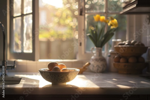 fresh eggs on a kitchen counter in morning light
