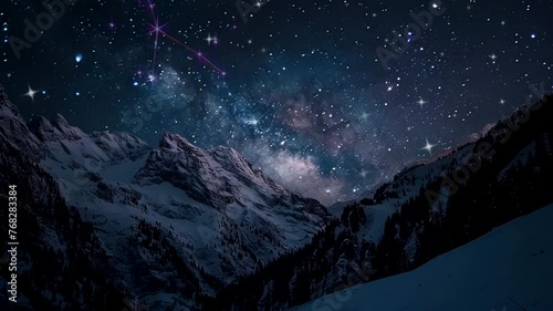 Dramatic mountain at night scene with stars, animated virtual repeating seamless 4k	 photo