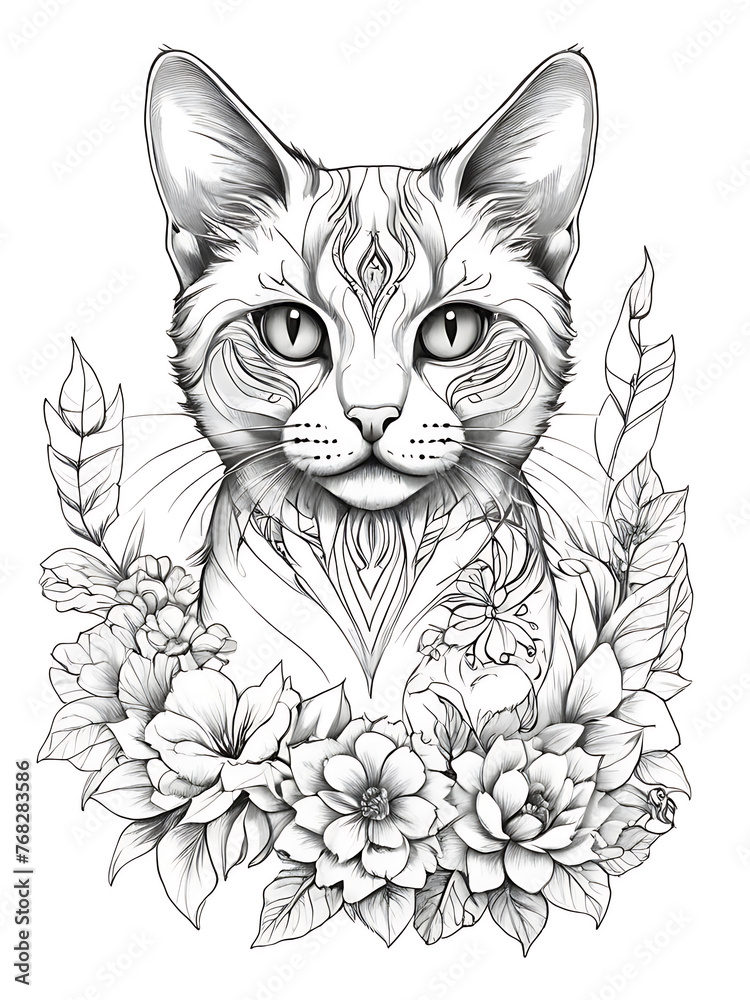 Cat flower outline shape coloring page ai generated