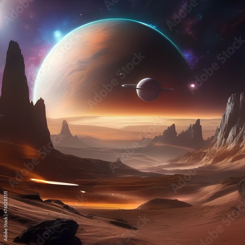 A digital painting of a sci-fi space scene  with planets  stars  and spacecraft1