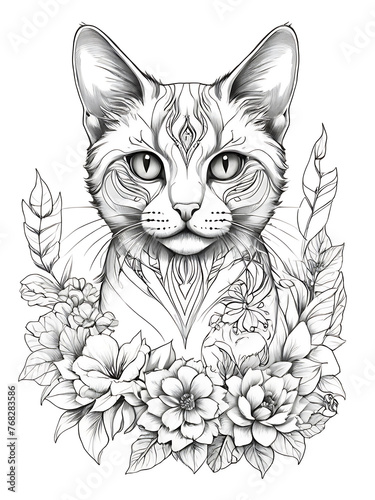 Cat flower outline shape coloring page ai generated © Unique Artist