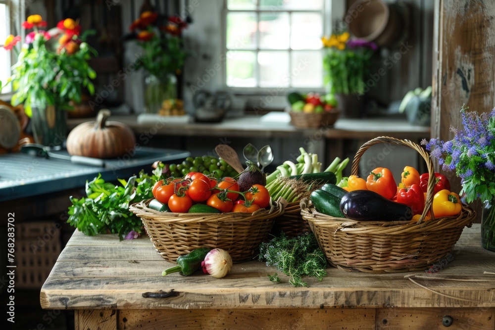 baskets with vegetables on a kitchen table