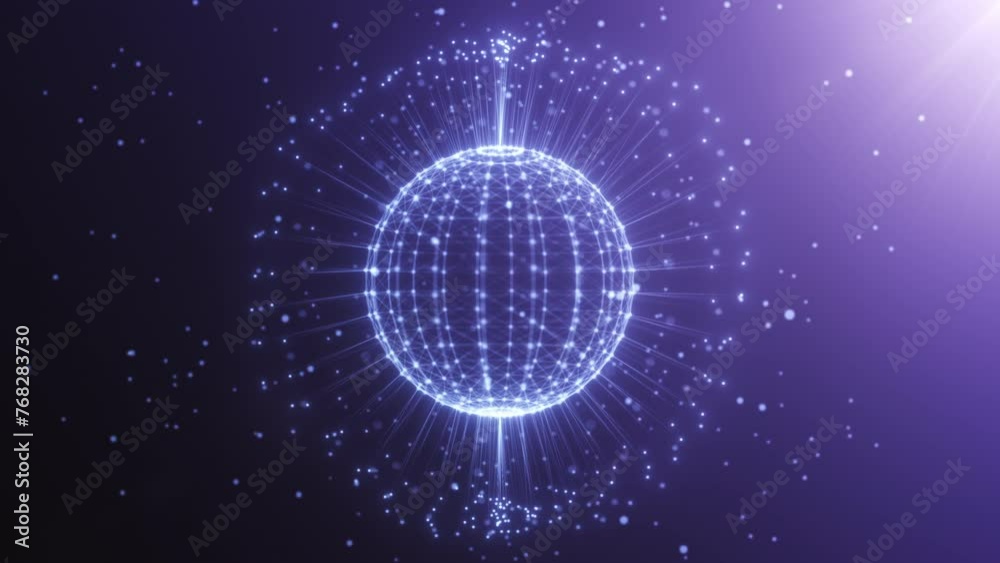 Abstract digital purple blue sphere of lines and glowing particles rotating in empty space. Network connection structure. Futuristic technology background with digital connecting data. 4k 60fps loop.
