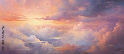 A natural landscape painting depicting a cloudy sky with the sun shining through the clouds, creating a beautiful afterglow at dusk