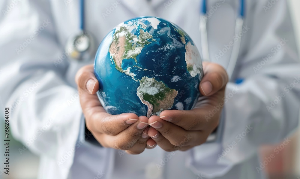 Medical doctor carefully holds the world globe in his hands Medical doctor carefully holds the world globe in his hands
