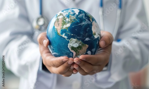 Medical doctor carefully holds the world globe in his hands