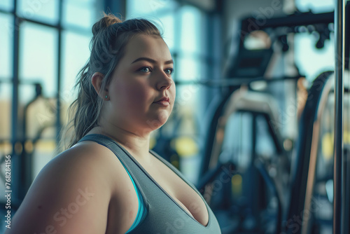 A young fat woman is exercising in the gym