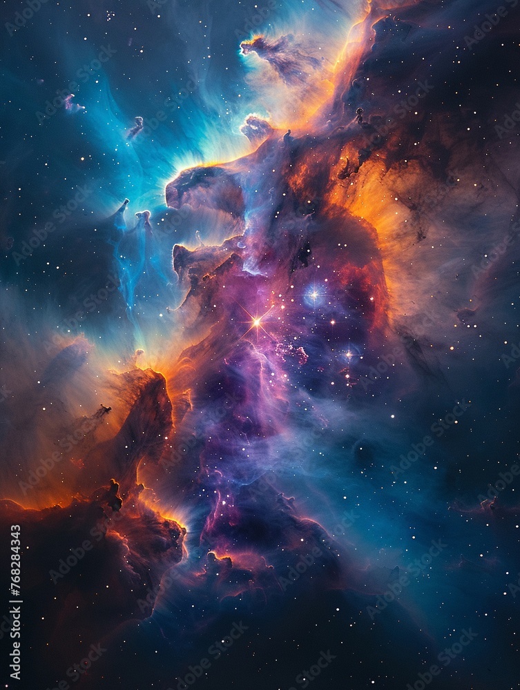 Nebula close-up in deep space, vivid colors, star formation, macro lens, centered focus, ethereal lighting
