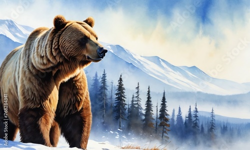 Symbol associated with the country Russia - watercolor illustration. Powerful brown bear standing in the Siberian taiga, symbolizing Russia's strength, resilience, and vastness.