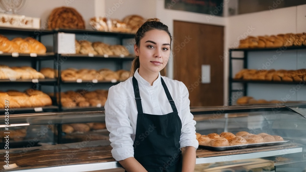Young girl saleswoman in a bakery shop, Company stand with bread