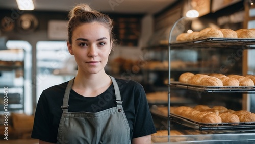 Young girl saleswoman in a bakery shop, Company stand with bread photo