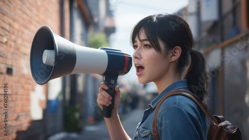 Young beautiful asian woman woman announces with a voice about promotions and advertisements for products at a discounted price. Shopping and fashion concept. Shout out loud with megaphone.