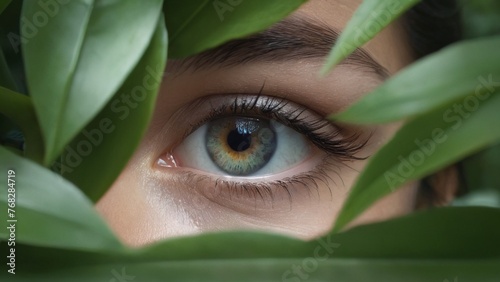 girl's green eye in the leaves. Beautiful woman single green eye close up