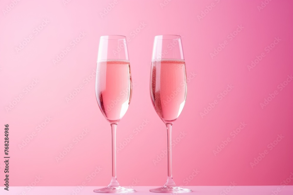 Two elegant champagne glasses with pink sparkling wine, clinking on a monochrome background.
