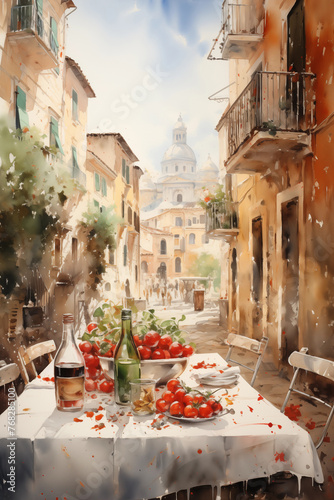 Artistic depiction of a charming italian street and dining table  enhanced with a paint splatter technique
