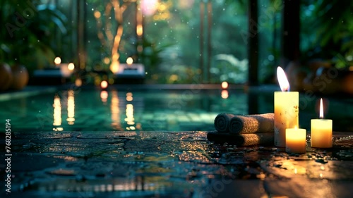 Scene of candles with pool background, animated virtual repeating seamless 4k