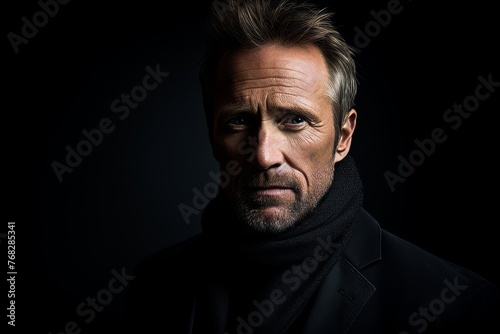 Portrait of a handsome middle-aged man in a black coat.