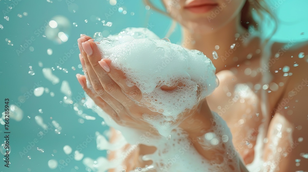On a light blue background, hands are bathed in soap foam On a light blue background, hands are bathed in soap foam